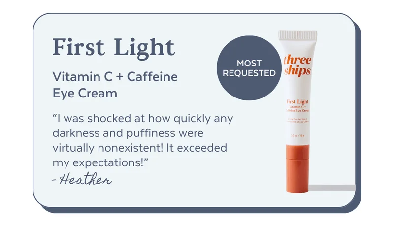 First Light | Vitamin C + Caffeine  Eye Cream “I was shocked at how quickly any darkness and puffiness were virtually nonexistent! It exceeded my expectations!” - Heather [MOST REQUESTED}