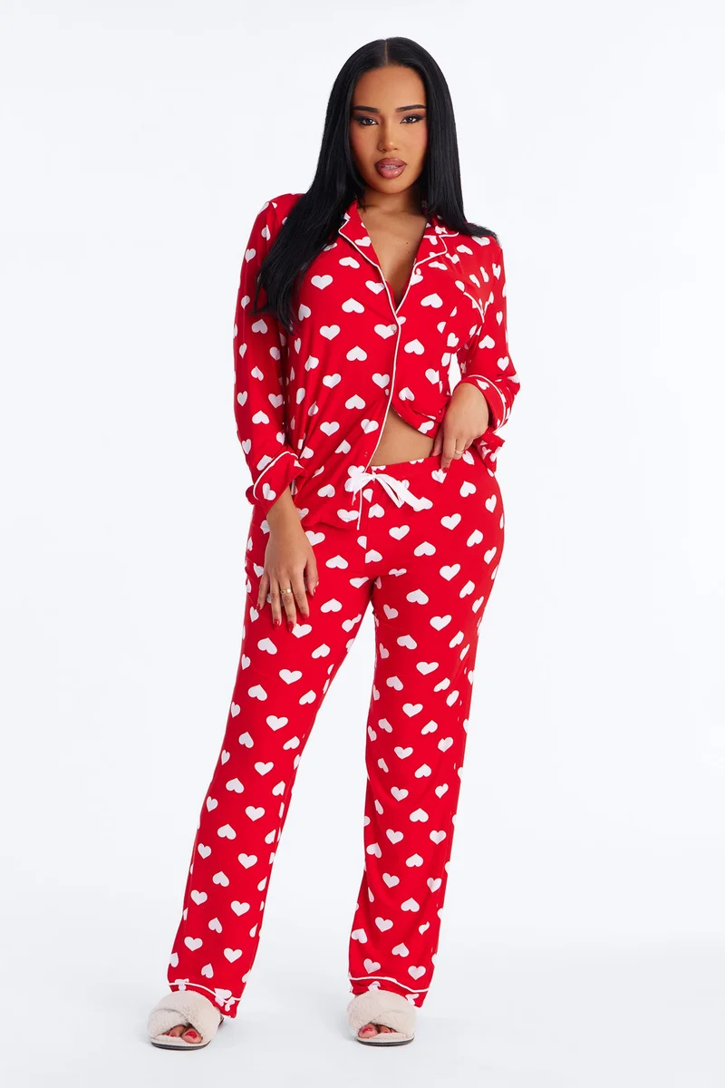 Image of Heart Skips A Beat Long Sleeve PJ Pant Set - Red/White