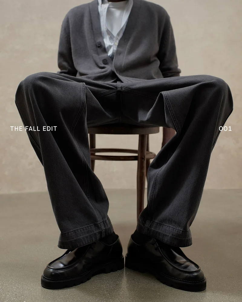 Image | The Fall Edit 001 | Model in Relaxed Crew Tee, The Classic Cardigan in Everyday Cotton, and Baggy Rigid Jean