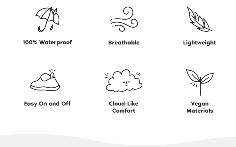 100% Waterproof. Breathable. Lightweight. Easy On and Off. Cloud-Like Comfort. Vegan Materials.
