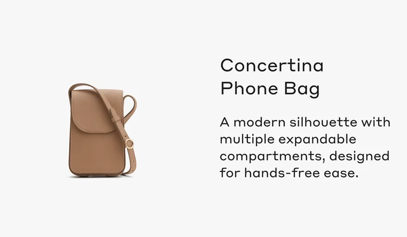 Concertina Phone Bag A modern silhouette with multiple expandable compartments, designed for hands-free ease.