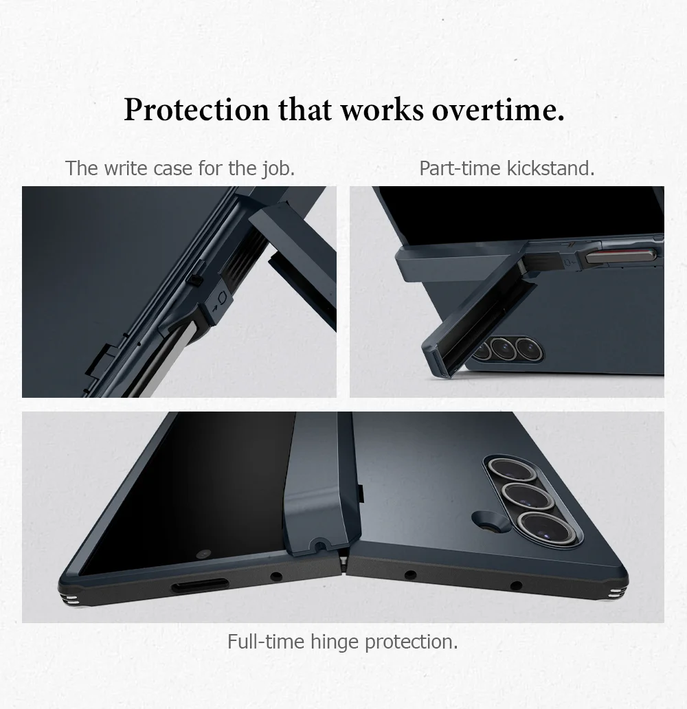 Protection that works overtime. The write case for the job. Part-time kickstand. Full-time hinge protection.
