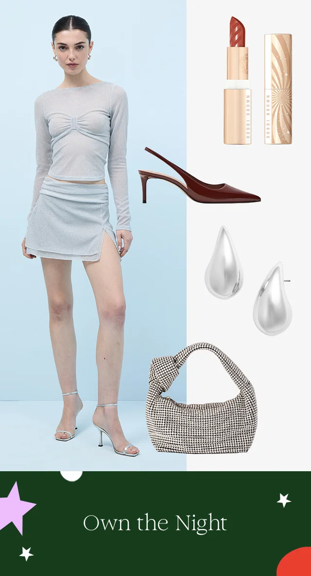 A woman wearing a top and matching miniskirt with heels. Lipstick, heels, earrings and a handbag.