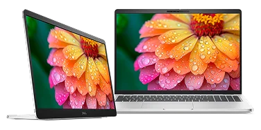 A Dell Pro 14 Plus Portable Monitor next to a Dell Pro 16 Plus Laptop computer.