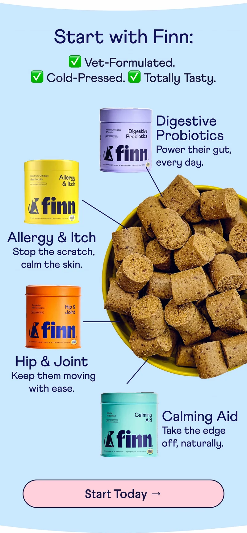 Text: Start with Finn: ✅ Vet-Formulated.  ✅ Cold-Pressed. ✅ Totally Tasty. Tins: Digestive Probiotics: Power their gut, every day. Allergy & Itch: Stop the scratch, calm the skin. Hip & Joint: Keep them moving with ease. Calming Aid: Take the edge off, naturally. CTA: Start Today –>
