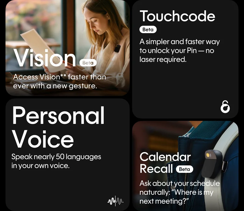 Vision (Beta), Touchcode (Beta), Personal Voice, Calendar Recall (Beta)