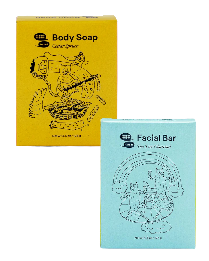 A gold box and blue box of soap