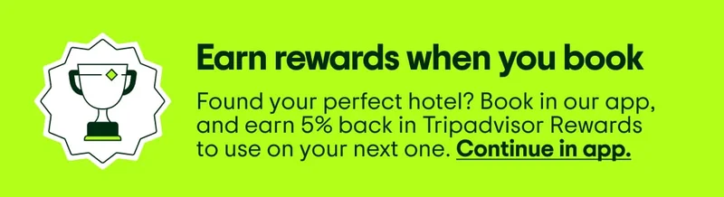 Earn rewards when you book. Found your perfect hotel? Book in our app, and earn 5% back in Tripadvisor Rewards to use on your next one. Continue in app. Image Description: A trophy illustration.