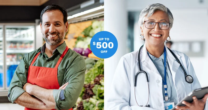 Up to $500 off. Images of people at work.