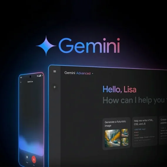 Illustrations of a Pixel phone and Pixel Tablet next to each other with the word “Gemini” and a star icon above them. On the tablet, the screen says “Hello Lisa, How can I help you?”