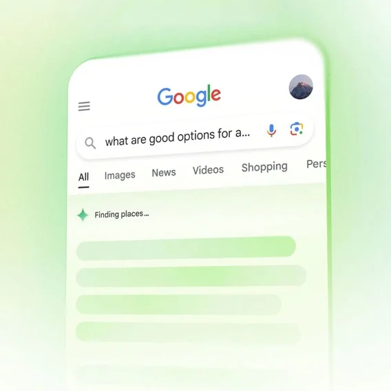 Mock-up of a mobile Google Search with an AI Overview being generated for the search “What are good options for…”.