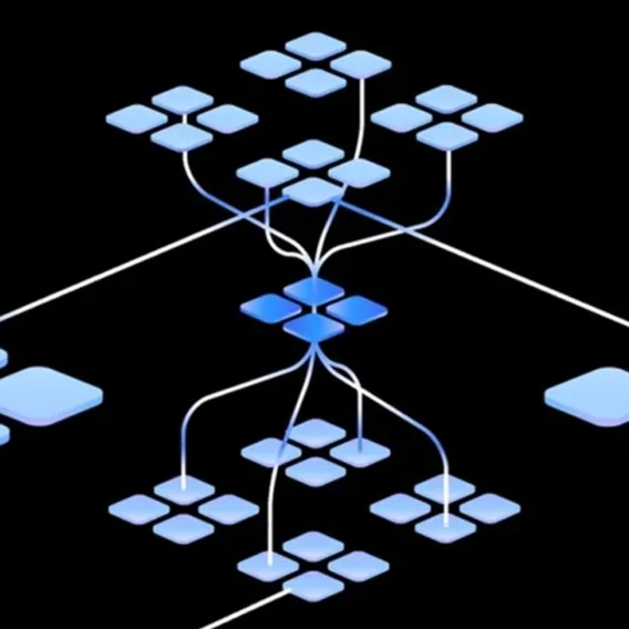 Abstract illustration of small blue diamond shapes connected to make larger blue diamonds. They are connected by diagonal light blue lines.