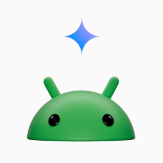 A blue star icon positioned over the top of the Android icon; a green, alien-like character shown just from the eyes up.