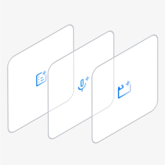 Illustration of three squares with rounded edges turned to an angle. Each have different icons in them; the first is a document with a star, the second is a microphone with a star, the third is a camera with a star.