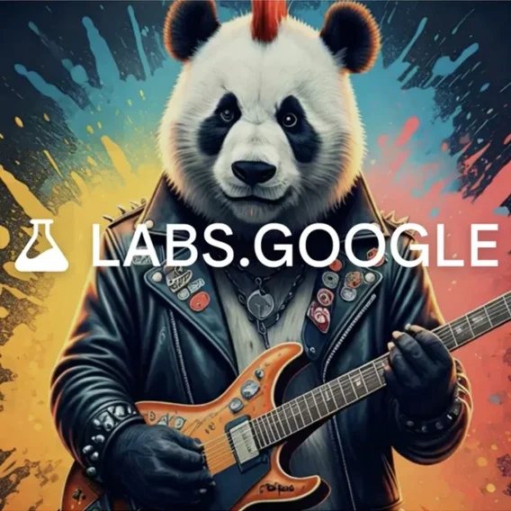 An AI-created image of a cartoon panda wearing a leather jacket playing a guitar. The words “labs.google” are printed on top of it.