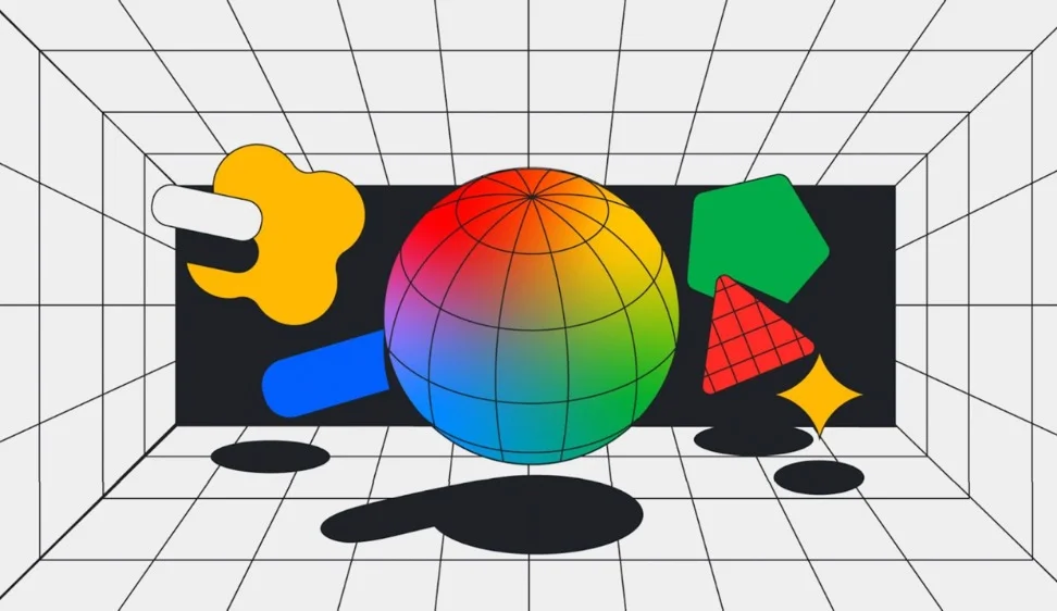 An illustration of a black and white grid with various 3D shapes in the middle of the image — they are all multi-hued.