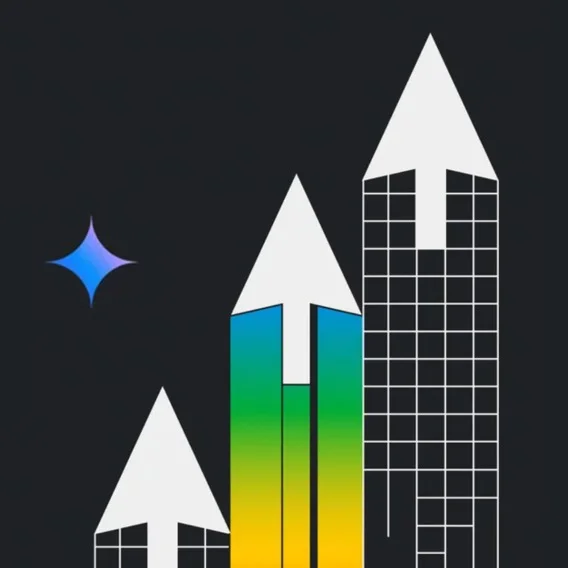 Illustration of three white cursor arrows pointing up, each one positioned higher than the last. The first has a black and white grid design under it, the second a rainbow-hued design under it and the third also has the same black and white grid design as the first under it.