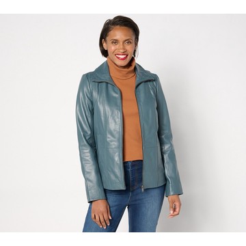 Denim & Co. Lamb Leather Zip Front Seamed Jacket with Pockets