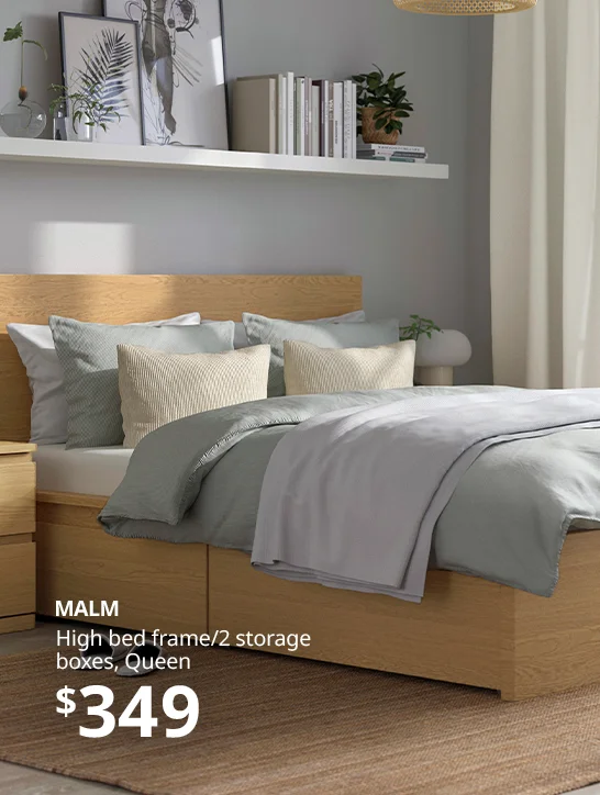 MALM High bed frame/2 storage boxes, Queen