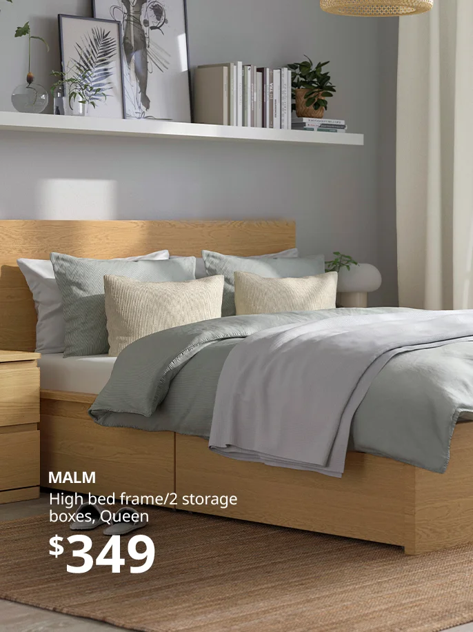 MALM High bed frame/2 storage boxes, Queen