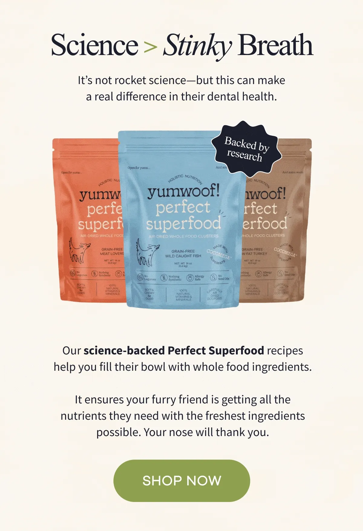Science > Stinky Breath | It’s not rocket science—but this can make a real difference in their dental health. | Our science-backed Perfect Superfood recipes help you fill their bowl with whole food ingredients.  It ensures your furry friend is getting all the nutrients they need with the freshest ingredients possible. Your nose will thank you. | SHOP NOW
