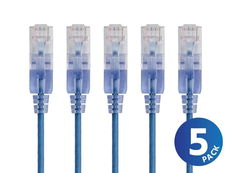Cat6A 50ft Blue 5-Pack Ethernet Patch Cable, UTP, 30AWG, 10G, Pure Bare Copper, SlimRun Series