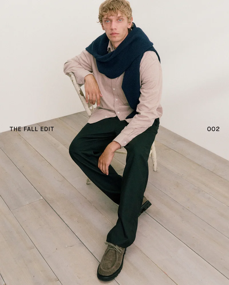 Image | The Fall Edit 002 | Model in Brushed Flannel Shirt and Waffle Rollneck Crew in Everyday Cotton.