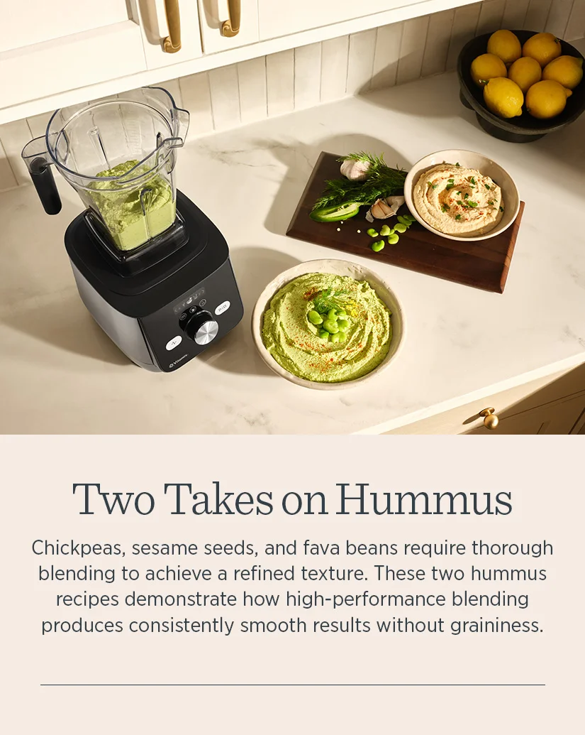 Two Takes on Hummus - Chickpeas, sesame seeds, and fava beans require thorough blending to achieve a refined texture. These two hummus recipes demonstrate how high-performance blending produces consistently smooth results without graininess.