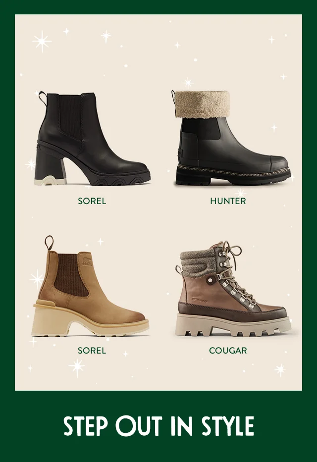 Outdoor boots from SOREL, Hunter and Cougar.