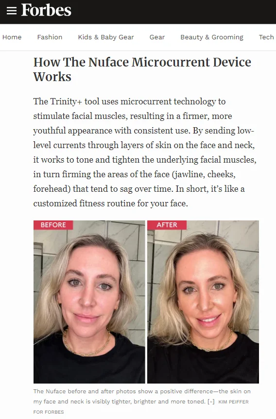 Forbes Article showcasing before and after results after using the NuFACE device.