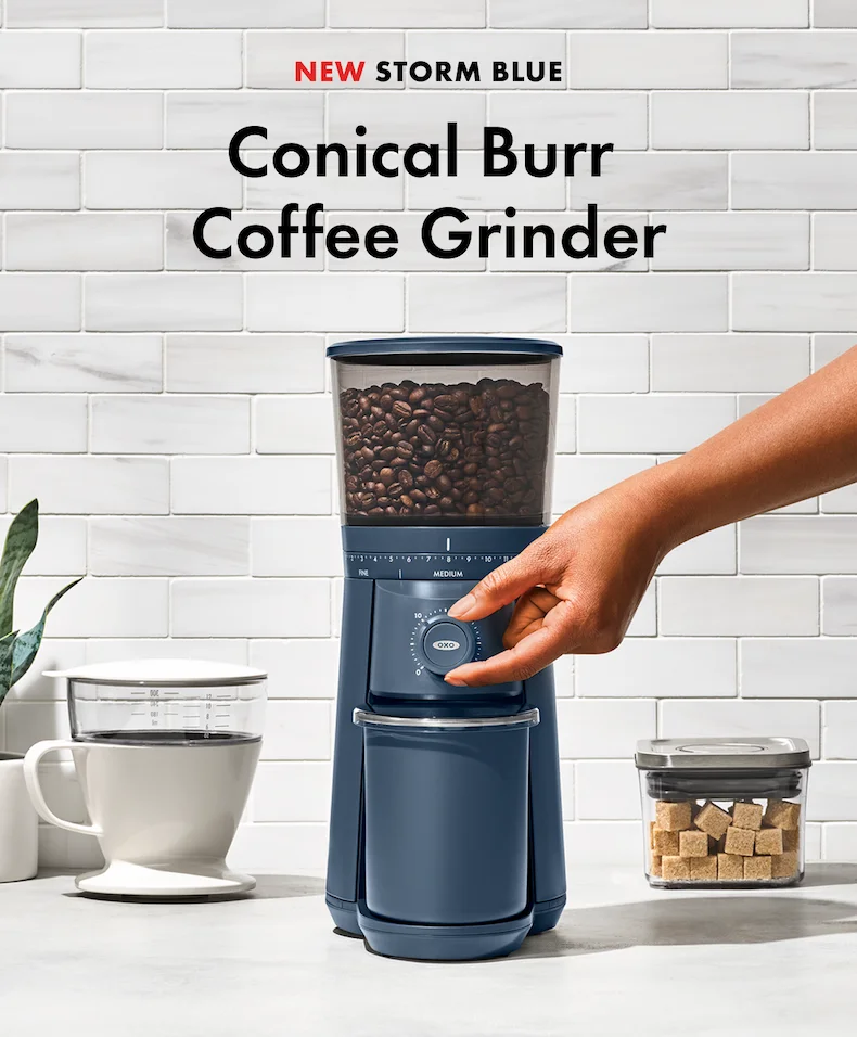 NEW STORM BLUE. Conical Burr Coffee Grinder.