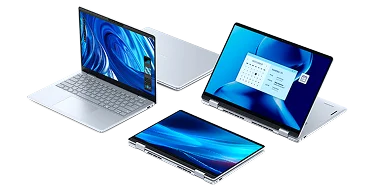 Four Dell Plus 2-in-1 touch laptops in a variety of configurations including standard, tablet and easel modes.