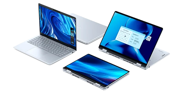 Four Dell Plus 2-in-1 touch laptops in a variety of configurations including standard, tablet and easel modes.