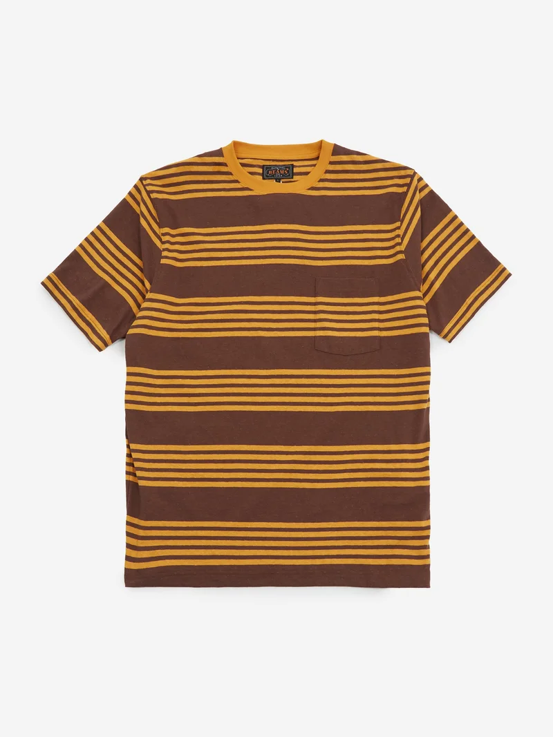 Image of Beams Plus Nep Stripe Pocket T-Shirt - Brown