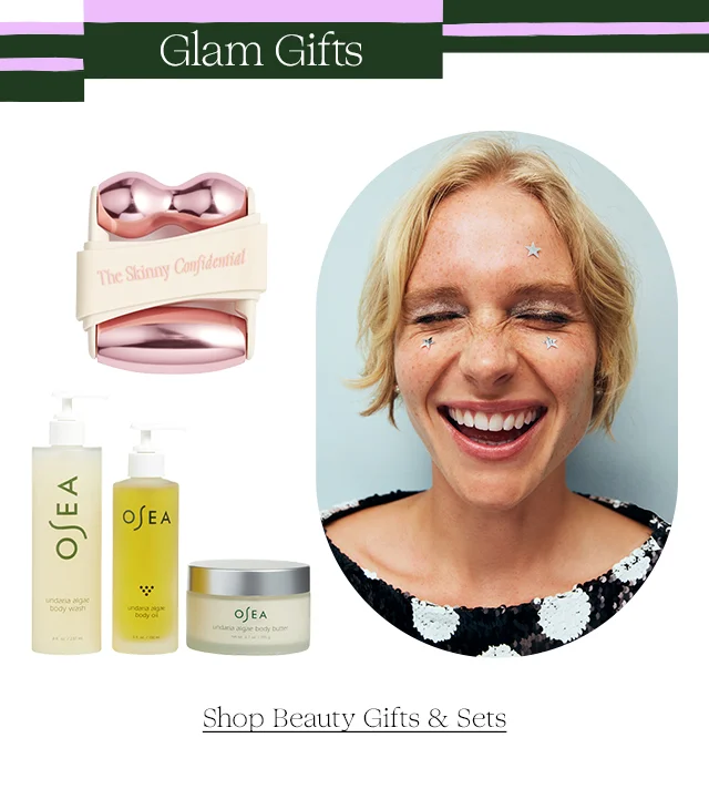 A facial tool and skin care set next to a smiling woman.