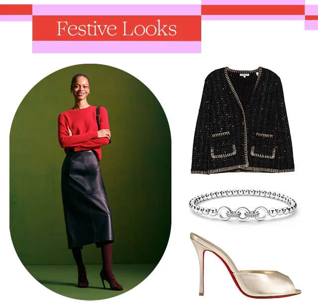 A woman wearing a red sweater and leather skirt.