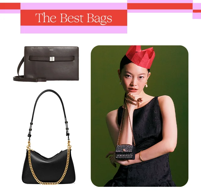 Handbags from TOTEME and Tory Burch, plus a woman holding a small embellished bag.