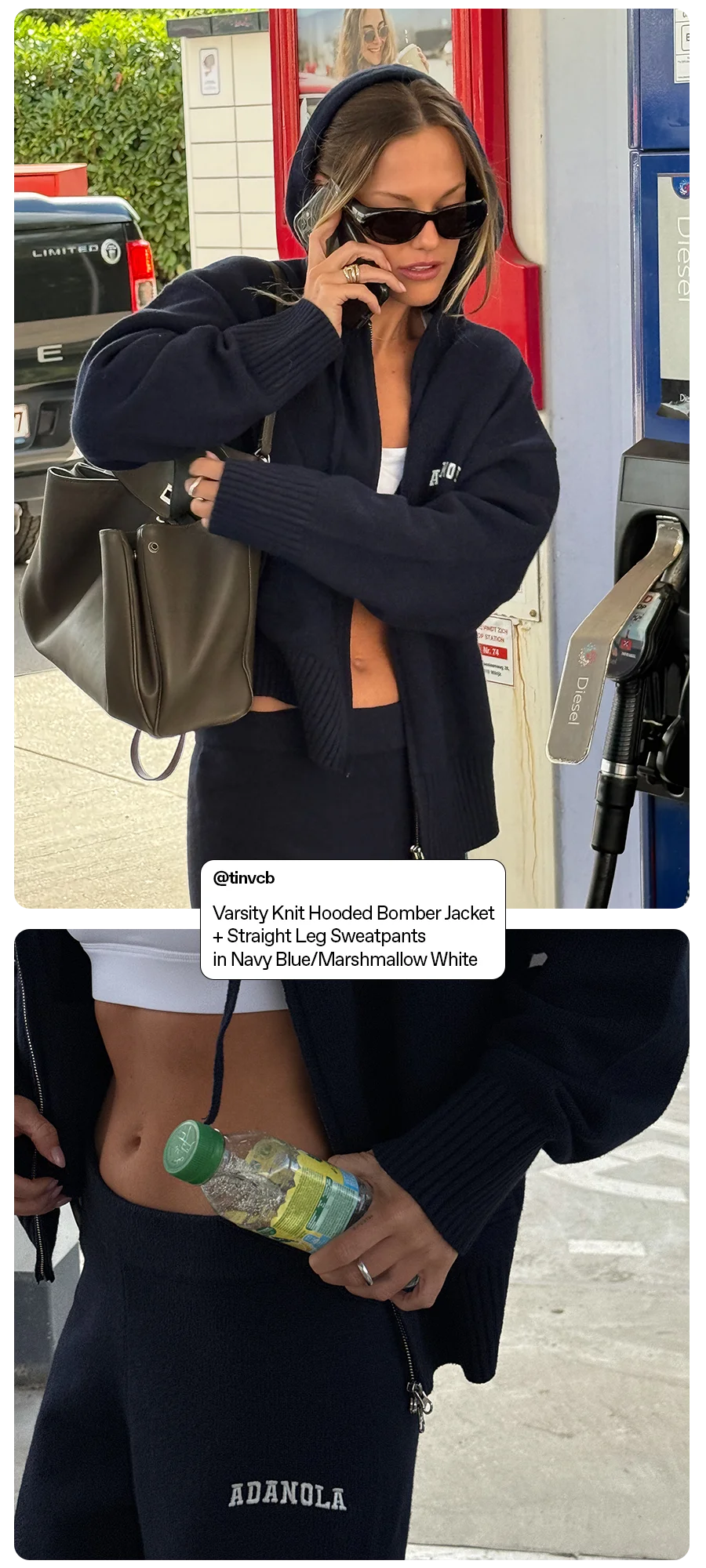 @tinvcb - Varsity Knit Hooded Bomber Jacket - Navy Blue / Marshmallow White