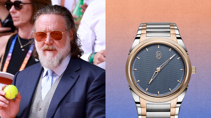 Image may contain: Russell Crowe, Wristwatch, Arm, Body Part, Person, Adult, Accessories, Formal Wear, Tie, and Sunglasses