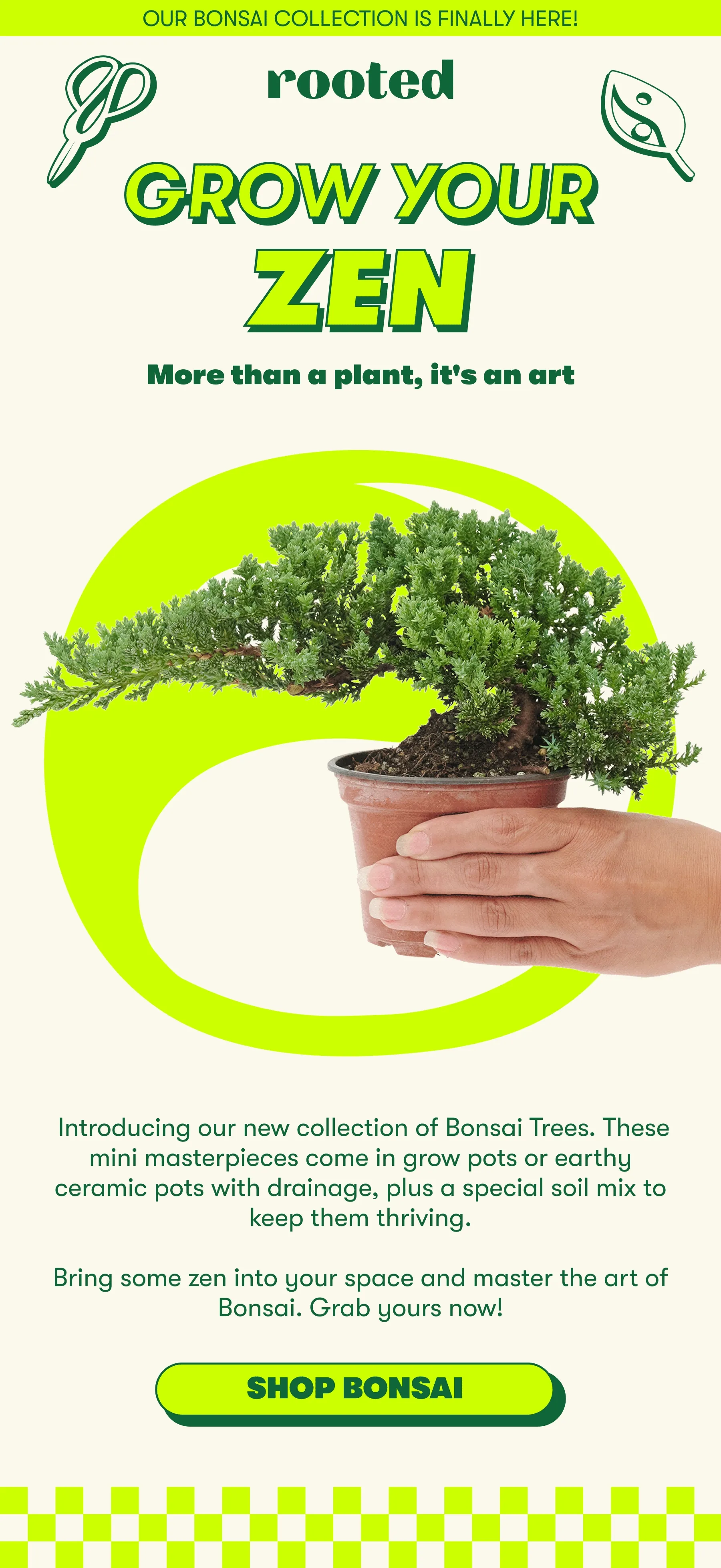 Our Bonsai collection is finally here!  GROW YOUR ZEN  More than a plant, it's an art  Introducing our new collection of Bonsai Trees. These mini masterpieces come in grow pots or earthy ceramic pots with drainage, plus a special soil mix to keep them thriving. Bring some zen into your space and master the art of Bonsai. Grab yours now! [SHOP BONSAI]