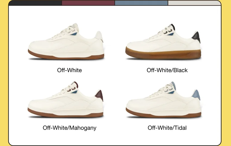 Product grid of the the Courtside Classic in four colours: Off-White, Off-White/Black, Off-White/Mahogany, Off-White/Tidal.