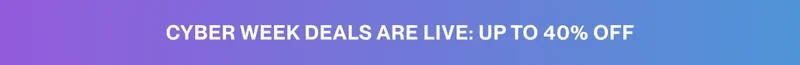 Cyber Monday Deals Are Live: Up to 40% Off, displayed on a gradient purple and blue background.