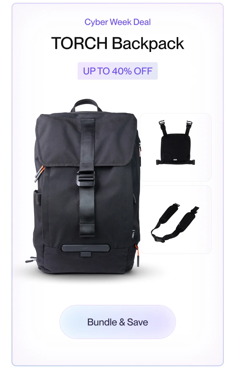 Cyber Week Deal: TORCH Backpack in black, includes a free riding kit. Durable, versatile, and up to 40% off with bundle discounts.