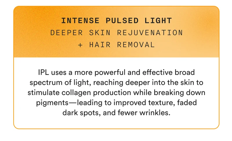 Intense Pulsed Light – Deeper Skin Rejuvenation + Hair Removal - IPL uses a more powerful and effective broad spectrum of light, reaching deeper into the skin to stimulate collagen production while breaking down pigments—leading to improved texture, faded dark spots, and fewer wrinkles.