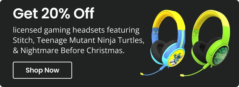 Get Off 20% licensed gaming headsets featuring Stitch, Teenage Mutant Ninja Turtles, & Nightmare Before Christmas. Shop Now