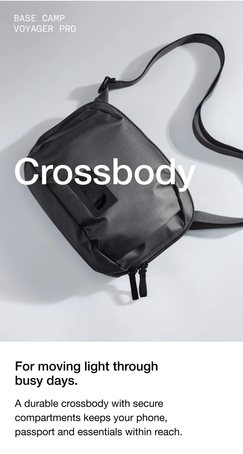 Base Camp
Voyager Pro Crossbody. For moving light through
busy days. A durable crossbody with secure compartments keeps your phone, passport and essentials within reach.