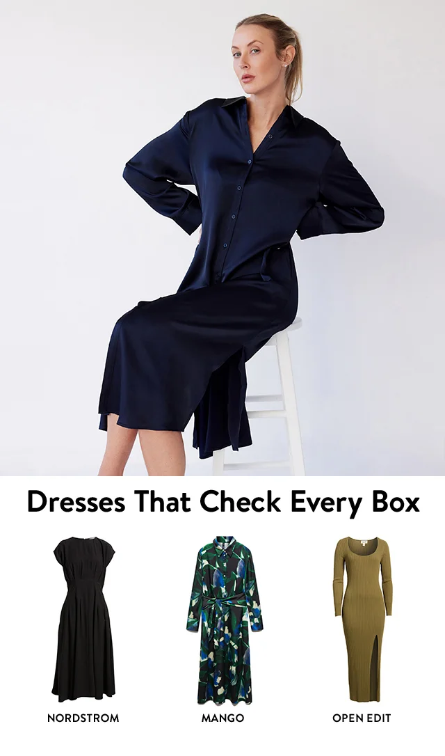 A woman wearing a navy blue shirtdress. A black midi dress, printed shirtdress and green sweater dress.