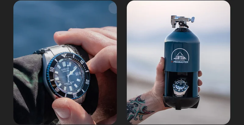The latest Promaster Dive Automatic recalls classic Citizen dive aesthetics with modern dive-ready technology. This high-performance watch comes in an exclusive blue collector’s dive tank box.