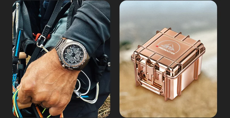The newest Promaster Skyhawk A-T features action-ready technology alongside an exclusive rose gold and black colorway. It comes in an exclusive Sakura pink Promaster tackle box