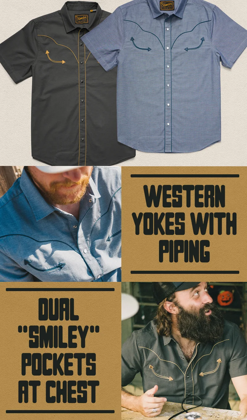 Western yokes with piping, dual "smiley" pockets at chest